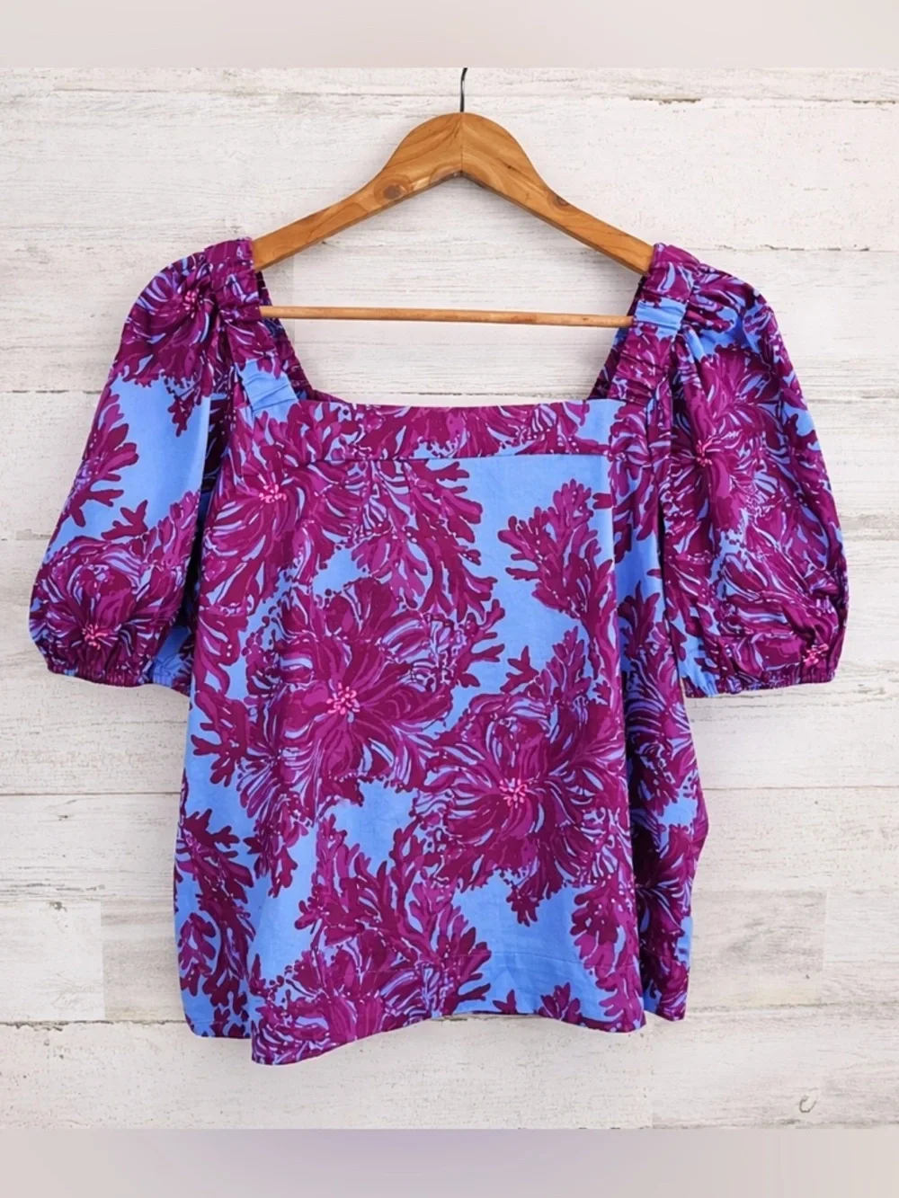 Lilly Pulitzer Torrey Floral Tie Back Top 10 Stretch Poplin Puff Sleeves Preppy